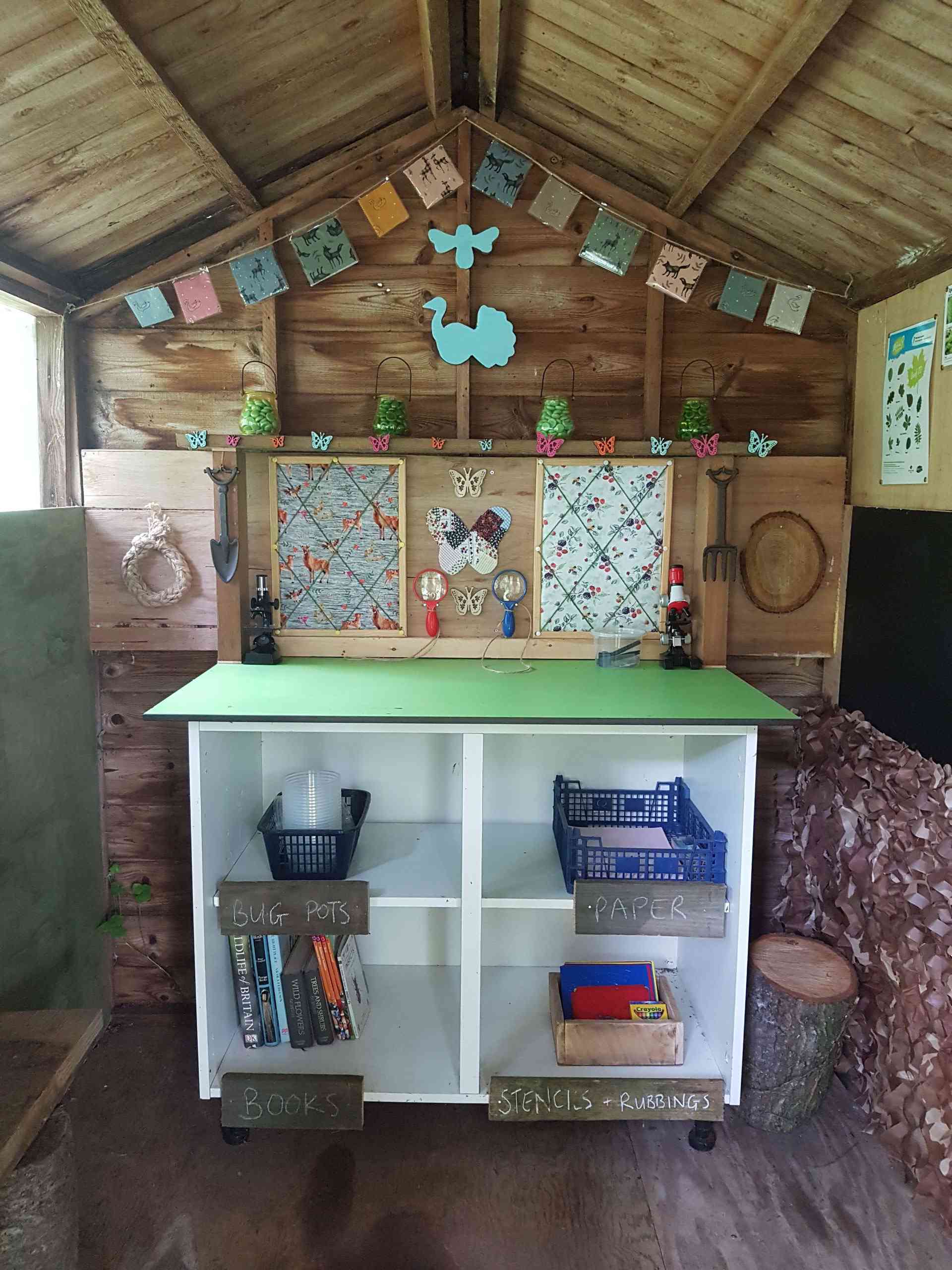 wooden desk in shed
