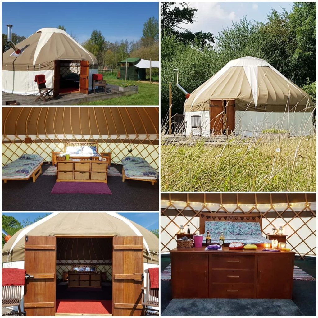 Four images of a yurt showcasing the kitchen, living room, and bedroom areas in a cozy, rustic design.
